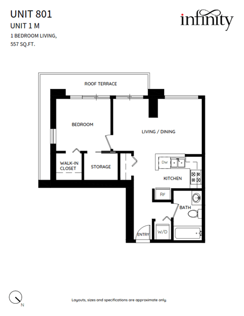 Floor plan for 1 bed, 1 bath